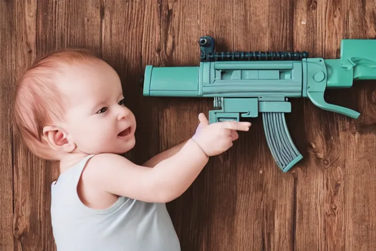 Image similar to baby holding fisher price ak-47 gun