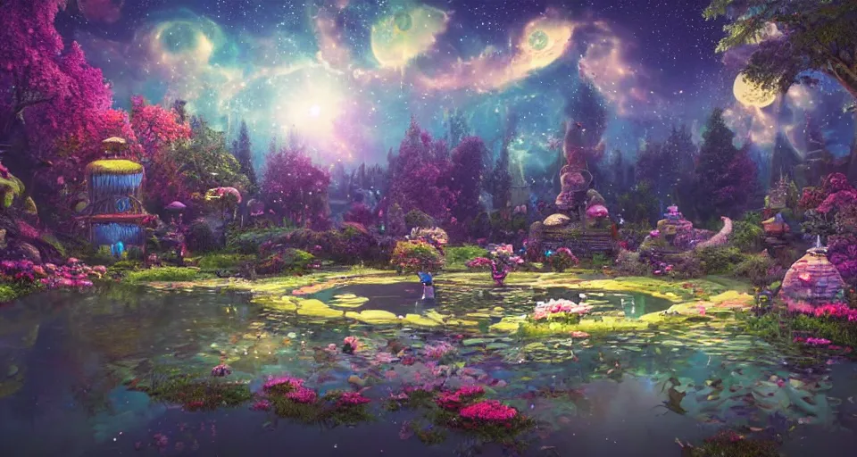 Image similar to a whimsical fairyland with a pond, starry sky, ambient lighting, fantasy art, computer render style art, unreal engine