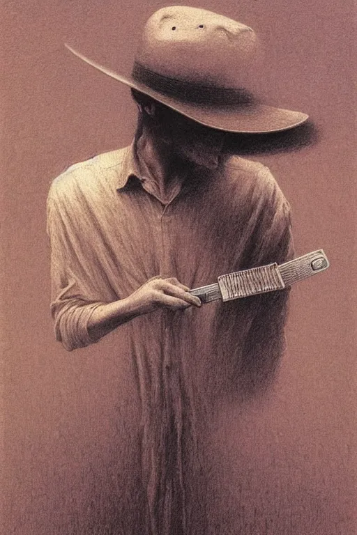 Prompt: a smooth guy with a fedora and a switch blade, good at cards, plays music, gambles like no one, a drawing by beksinski