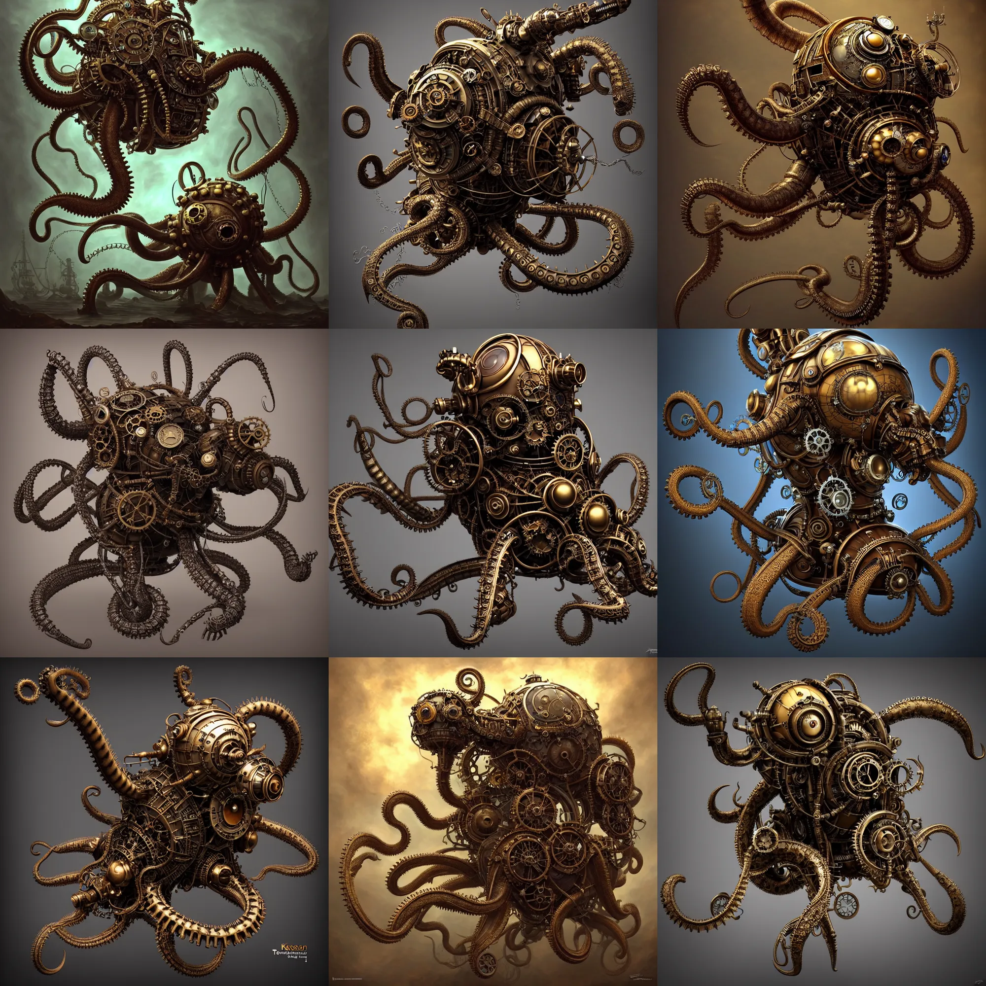 Prompt: steampunk robot kraken 3 d model, unreal engine realistic render, 8 k, micro detail, intricate, elegant, highly detailed, centered, digital painting, artstation, smooth, sharp focus, illustration, artgerm, tomasz alen kopera, peter mohrbacher, donato giancola, joseph christian leyendecker, wlop, boris vallejo