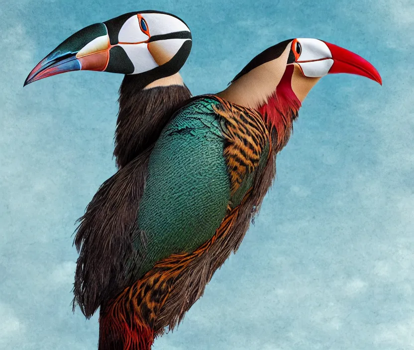 Image similar to a realistic photo of a semi - translucent creature made of birds, creature wrinkles feathers exotic morphing hoopoe, pheasant skin merged sky animal, atlantic puffin, turaco morphing chicken, clear, global illumination, refraction, king vulture head, displacement map, bump map, normal map