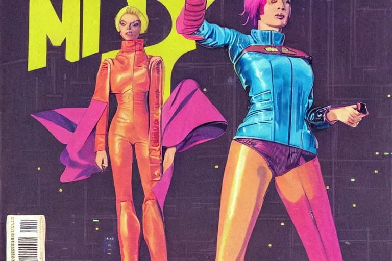 Image similar to 1979 OMNI Magazine Cover of Chrome woman with Pink hair and a leather jacket. neo-Tokyo streets behind her. in cyberpunk style by Vincent Di Fate