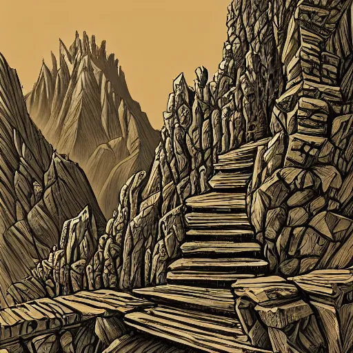 Prompt: At the top of a carved stairway of ten thousand rough hewn steps looms the ominous double mountain known only as the Iron Crag, home to the dieselpunk Dwarven megacity of Marhtlaz, by Matt Heuston and by Mike Ploog, digital art