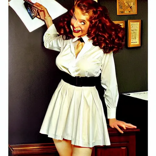 Image similar to beautiful painting of jerma985 with long pale curly blond hair, very very light fluffy curly blond hair, white secretary shirt and black miniskirt, pinup poster by J.C Leyendecker and Norman Rockwell