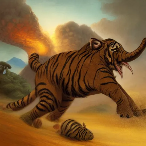 Image similar to tiger, rabbit and elephant running away from a volcano by justin gerard, deviantart