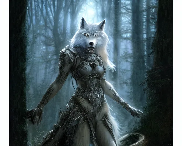 Prompt: 5 5 mm portrait photo of an armored holy angelic wolf with blue eyes and looking at the camera, glowing with holy lights, in a magical forest. magical atmosphere. art by greg rutkowski and luis royo. highly detailed 8 k. intricate. lifelike. soft light. nikon d 8 5 0.