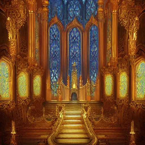 Prompt: Digital art of the opulent ornate throne room Imperial matte finish, ominous dramatic wide angle, god rays stained glass Marc Simonetti
