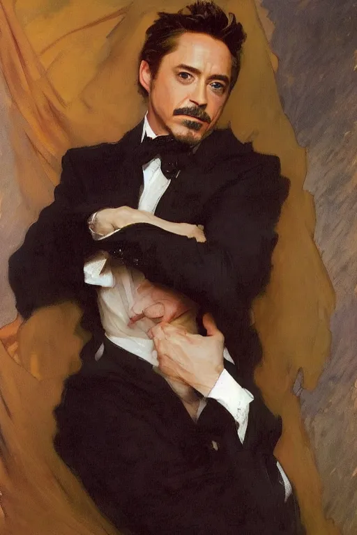 Prompt: elegant romantic portrait photo of robert downey jr by greg manchess, mucha, william adolphe bouguereau, john singer sargent, sorolla, winslow homer, dean cornwell, james gurney, kilin eng, ilya repin, alfred cheney johnston, robert mcginnis, iain mccaig, steve huston,