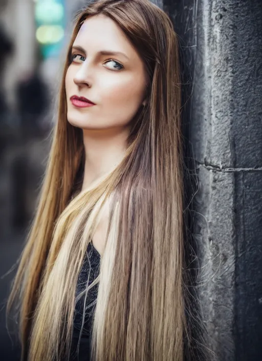Prompt: color realistic portrait of a beautiful, stylish, 30-year-old French woman in the street, with long, straight hair, street portrait in the style of Mario Testino
