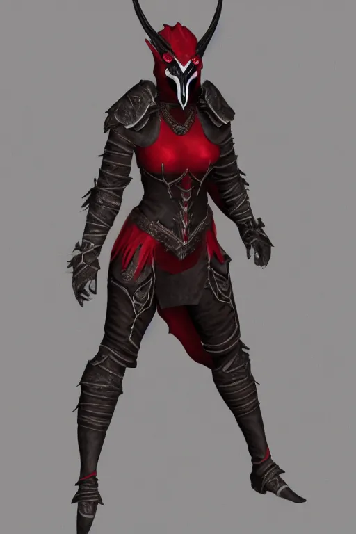 Image similar to female adventurer in tight full - body ebony leather armor of dunmer design with dark red cloth underneath and with a red porcelain crow mask, trending in artstation, establishing shot