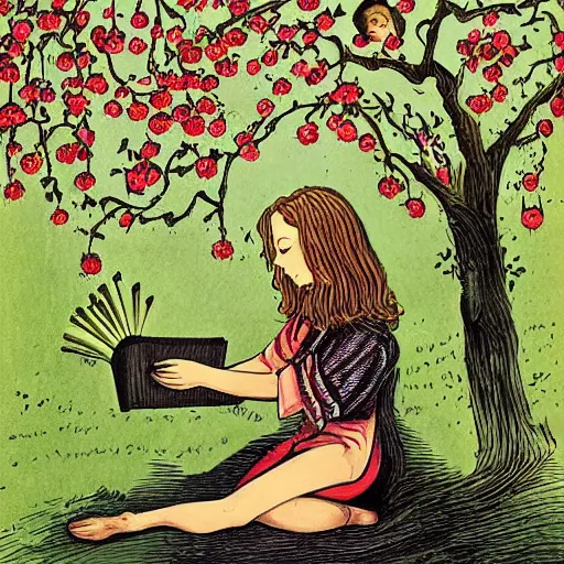 Prompt: girl reading a book under an apple tree in summer. folk horror. french illustration madeleine