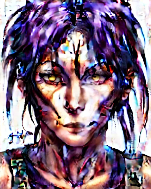 Image similar to a portrait of revy from black lagoon, dilraba dilmurarevy, smirk, black tank top, jean shorts, brown eyes, purple hair, tribal tattoos right arm sleeve, symmetrical eyes, symmetrical face, art by lois van baarle and loish and ross tran and rossdraws and sam yang and artgerm