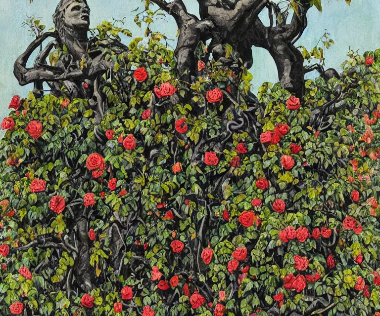 Prompt: colorful painting of black vines with black roses, wrapped around old statues in a garden