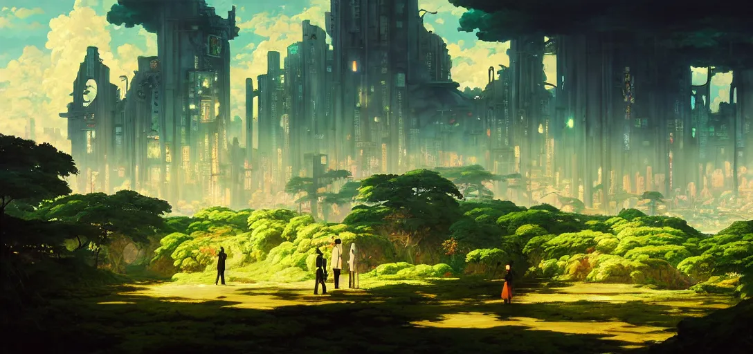 Image similar to baroque oil painting of anime key visual environment concept art of a garden of eden in a cyberpunk world, brutalist, dark fantasy, rule of thirds, digital cel shading, fake hidden detail, trending on pixiv fanbox, acrylic palette knife and brush, style of makoto shinkai studio ghibli jamie wyeth james gilleard greg rutkowski