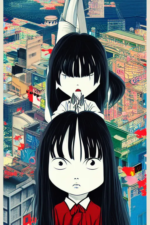 Image similar to sadako out from billboard!!! pop art, pixel, bioshock, gta chinatown, artgerm, richard hamilton, mimmo rottela, julian opie, aya takano, marika mori