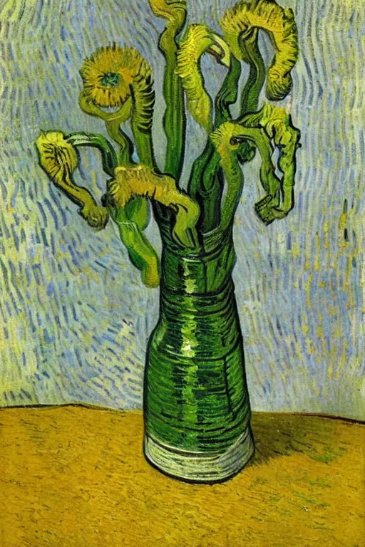 Image similar to Fiddleheads, painted by Vincent Van Gogh (1890), oil on canvas, detailed brushstrokes