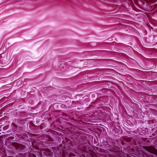 Prompt: microscopic view of E. Coli in pink wavy liquid on glass, very detailed photograph published in Nature, award winning science photo of the year