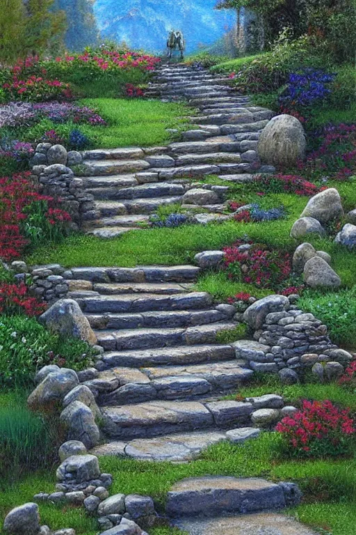 Prompt: stone steps fantasy landscape by james gurney