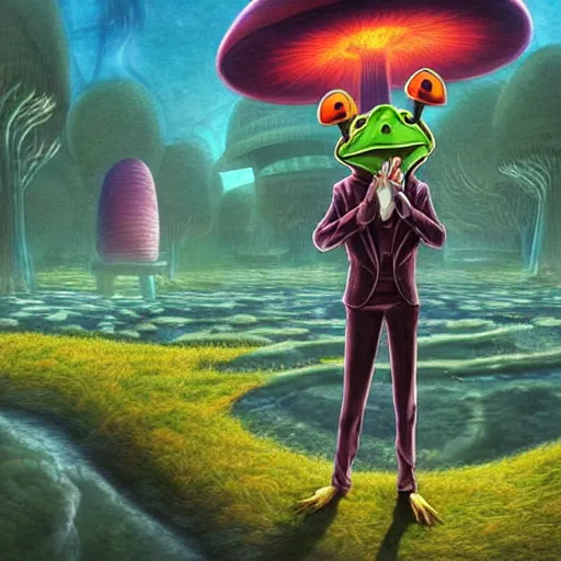 Image similar to A centered waist up portrait of a scary psychedelic godlike anthropomorphic frog smoking an anime cigar , magic mushroom village in background . award winning. superb resolution. in the art style of junji Ito and greg rutkowski . Detailed Mushroom city in background. Hyper realistic anime. Perfect art. Dalle2