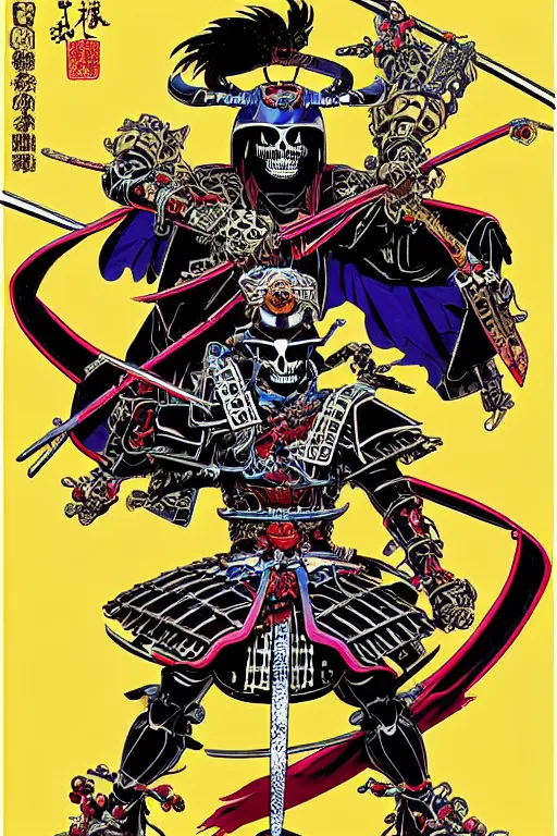 Prompt: poster of crazy skeletor samurai with japanese armor and helmet, by yoichi hatakenaka, masamune shirow, josan gonzales and dan mumford, ayami kojima, takato yamamoto, barclay shaw, karol bak, yukito kishiro