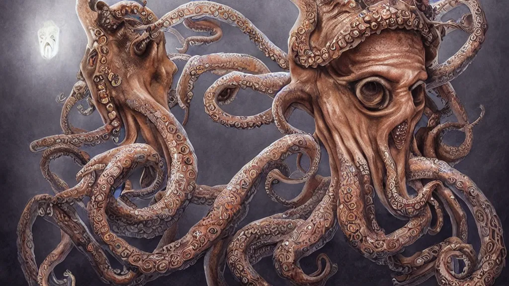 Prompt: a wlop 3 d render of very very very very highly detailed beautiful mystic portrait of a phantom undead octopus goat with snakes around, tattoos by anton pieck, intricate, extremely detailed, digital painting, artstation, concept art, smooth, sharp focus, illustration, intimidating lighting, incredible art,