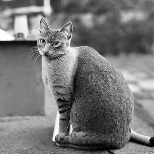 Image similar to a grey manx cat smoking a cigarette, photograph