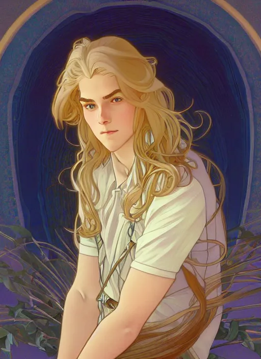 Image similar to pretty young man with shoulder length shiny shimmering golden blond hair, path traced, highly detailed, high quality, digital painting, by studio ghibli and alphonse mucha, leesha hannigan, disney