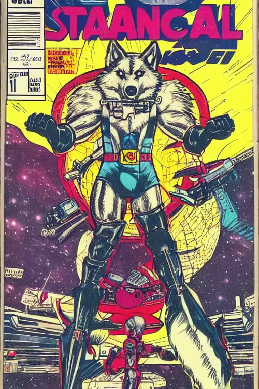Prompt: 1 9 8 0 s comic book title cover scan, highly detailed professional comic art, featuring a medium shot of anthropomorphic wolf o'donnell from starfox fursona furry wolf, in a dark leather space mercenary uniform, 8 0 s sci - fi comic art, marvel 8 0 s style