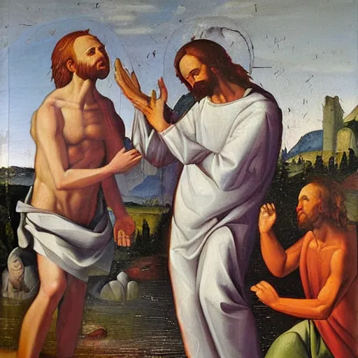 Prompt: the baptism of christ. oil on panel.