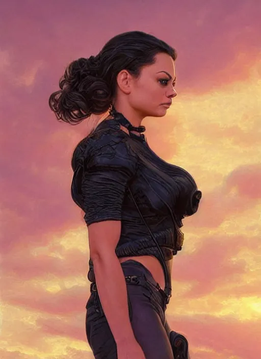 Image similar to Mila Kunis wearing black choker, epic portrait of a very strong muscled Amazon heroine, sun beams across sky, pink golden hour, stormy coast, intricate, elegance, highly detailed, shallow depth of field, epic vista, concept art, art by Artgerm and Donato Giancola, Joseph Christian Leyendecker