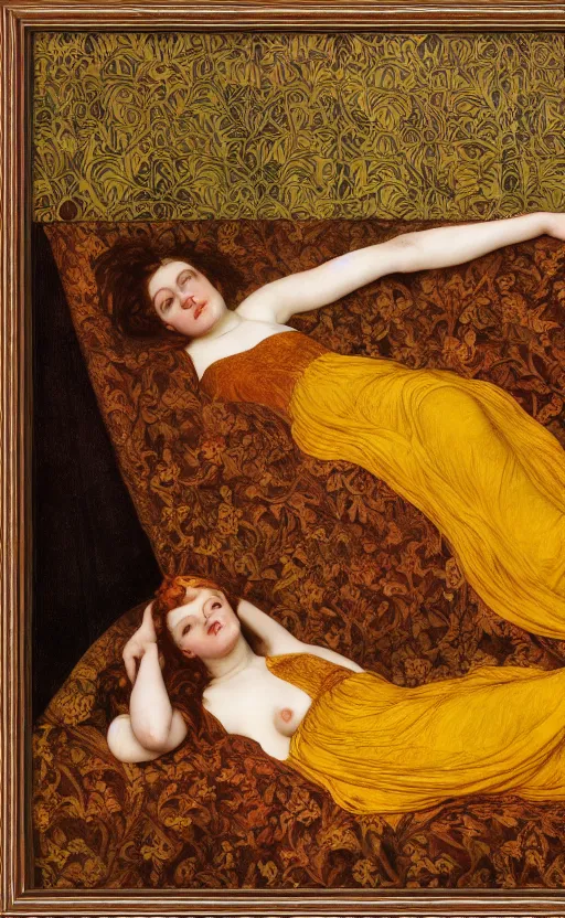 Prompt: preraphaelite full body reclining portrait photography masterpiece, hybrid of judy garland and a young thin jo brand, foreshortening, brown hair fringe, yellow ochre ornate medieval dress, kilian eng and william holman hunt, frederic leighton, ford madox brown, william morris, framed, 4 k