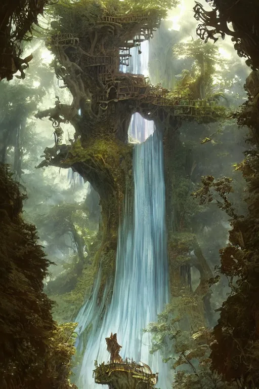 Image similar to a beautiful digital painting of an enormous fairy treehouse, crystal waterfall by greg rutkowski, gerald brom, marc simonetti, jean - baptiste monge, and alphonse mucha, symmetry, complementary colors, ink illustration, trending on artstation