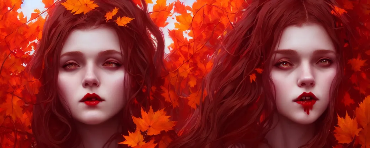 Prompt: girl with with hair becoming autumn red leaves trees, vampires with open mouth & bloody fangs, intricate, dreamy, digital painting, artstation, concept arti, unreal engine 5, 8 k, art by artgerm and greg rutkowski and alphonse mucha