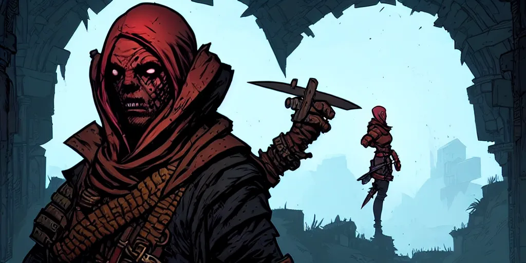 Prompt: rogue character portrait, sprite, hood, darkest dungeon, pc game, sideview, art by moebius and greg rutkowski.