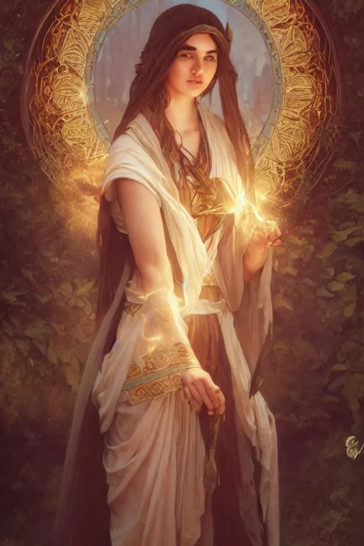 Image similar to Ana de Armas, druid, cleric, flame spell, D&D, fantasy, intricate, cinematic lighting, highly detailed, beautiful, digital painting, artstation, masterpiece, concept art, smooth, sharp focus, illustration, art by Artgerm and Greg Rutkowski and Alphonse Mucha and william-Adolphe Bouguereau