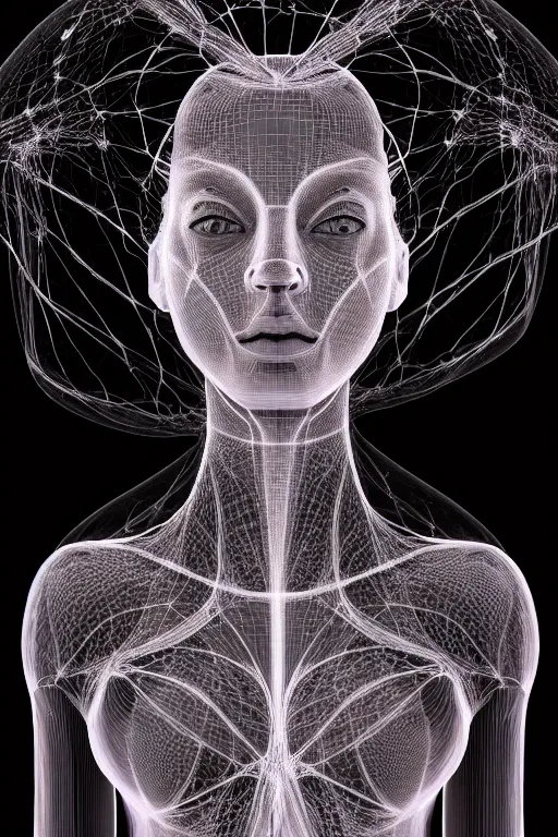 Image similar to a mesh female form composed of dark neurons and veins, see - through, transparency, translucent, hyper - detailed, subsurface illumination, cinematic, photograph, 3 d, intricate detail, portrait, dramatic volumetric lighting, fractals, trippy horror