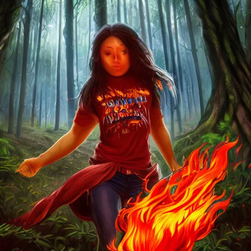 Image similar to magical astonishing dark forest is protected by an indigenous girl with a red-sleeved T-shirt using jeans, her hair glows on fire as she protects the forest with her fire powers, and her eyes are pure fire. trending on artstation, splash art hyper-detailed, 4K