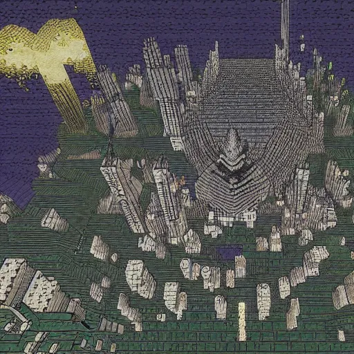 Image similar to night in minecraft, by kentaro miura