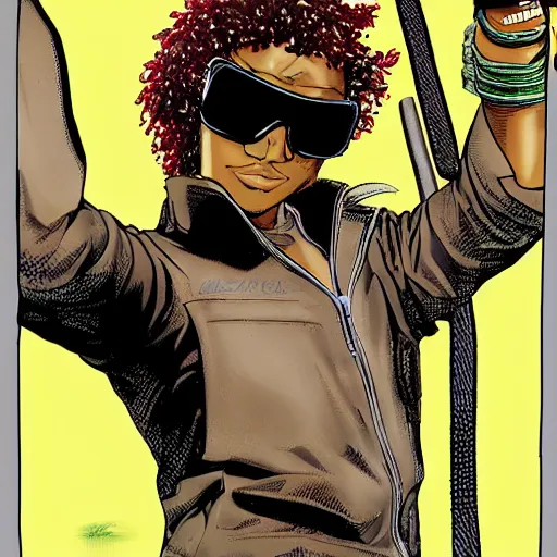 Prompt: a cool freckled black dude wearing shades with golden frizzy hair by masamune shirow