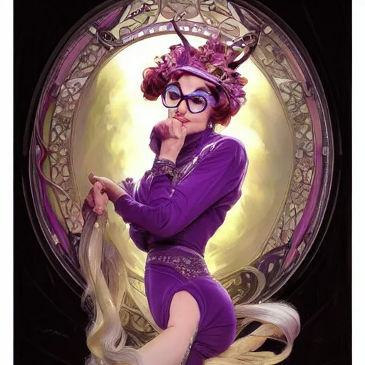 Image similar to amazing lifelike award winning pencil illustration of dame Edna everage purple hair trending on art station artgerm Greg rutkowski alphonse mucha cinematic