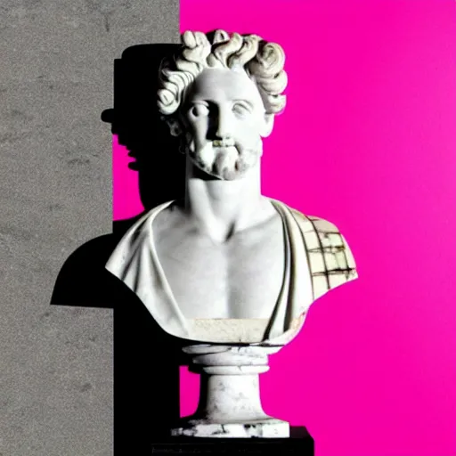 Image similar to a greco - roman marble bust sits on a pink and black checkerboard tile floor, a pink wall in the background with a framed photo of a cityscape at night
