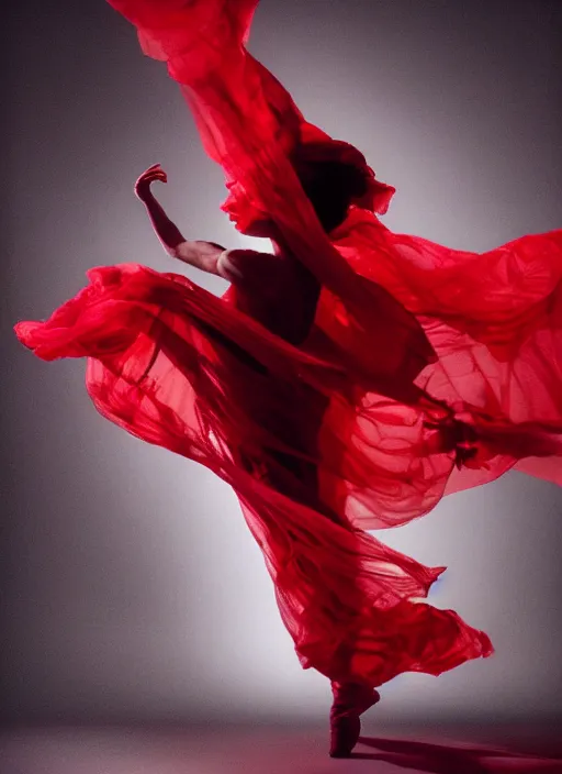 Image similar to a Photorealistic dramatic hyperrealistic render of a glamorous beautiful Female smoke dancer wearing red by Ken Brower and Deborah Ory of NYC Dance project,Lois Greenfield,Flowing cloth and smoke,Beautiful dynamic dramatic dark moody lighting,volumetric,shadows,cinematic atmosphere,Octane render,8K