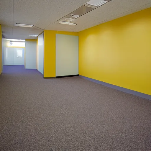 Image similar to A color film photograph of an empty endless office space, yellow walls, moist carpet, fluorescent lights, no furniture, no windows