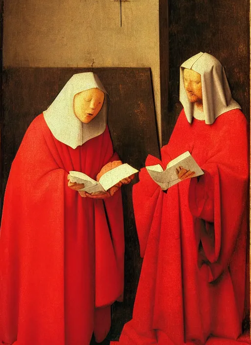 Image similar to angels dressed in red reading the bible and arguing in Tuscany by Jan van Eyck, Hieronymus Bosch, Johannes Vermeer 4k post-processing, highly detailed medieval painting