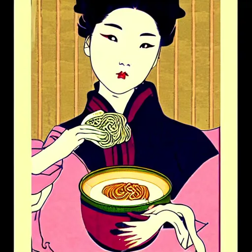 Image similar to beautiful japanese female model eating ramen soup portrait in the style of art nouveau x belle epoque