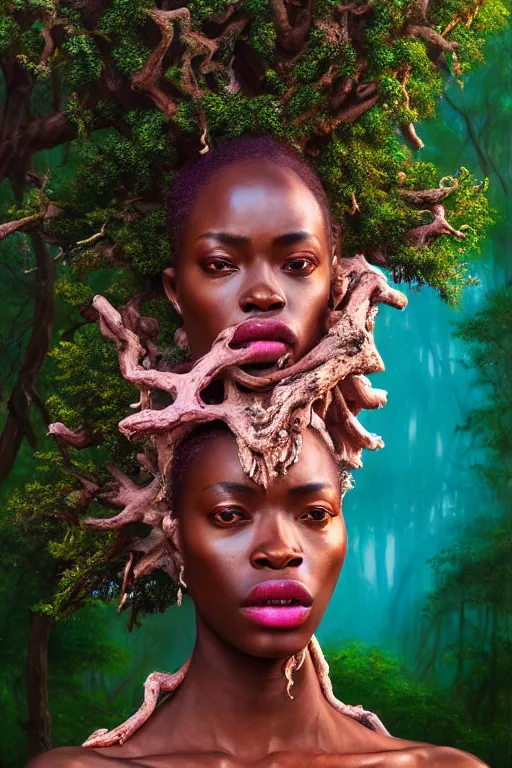 Image similar to hyperrealistic post - baroque masterpiece super expressive! yoruba goddess with pink exoskeleton armor, merging with tree in a forest, highly detailed digital art cinematic, smooth cam de leon eric zener dramatic pearlescent soft teal light, ground angle hd 8 k, sharp focus