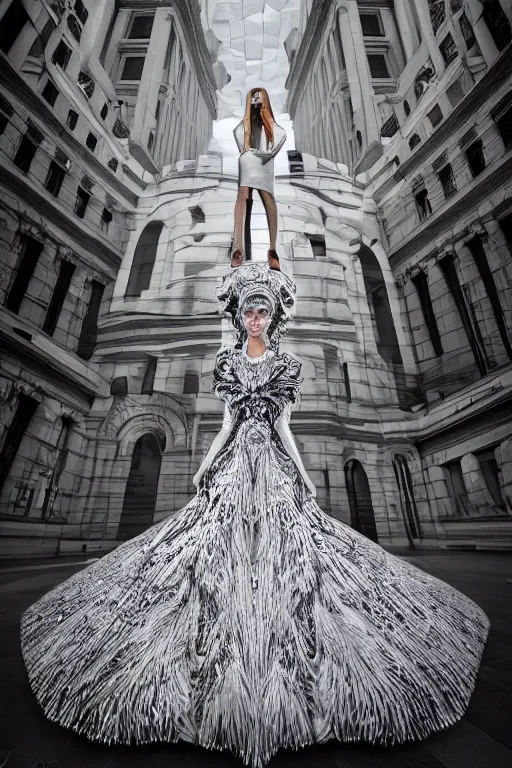 Image similar to a beautiful hyperrealistic ultradetailed 3D, one girl in a magnificent McQueen couture dress on against the backdrop of a marble building, Designer clothes, futuristic clothes, clothes from the future, voge photo, fashion style, fullbody, in full growth, photorealistic, high resolution, trending on artstation, highly detailed, volumetric lighting, elegant, details, good clear quality, volumetric lighting,