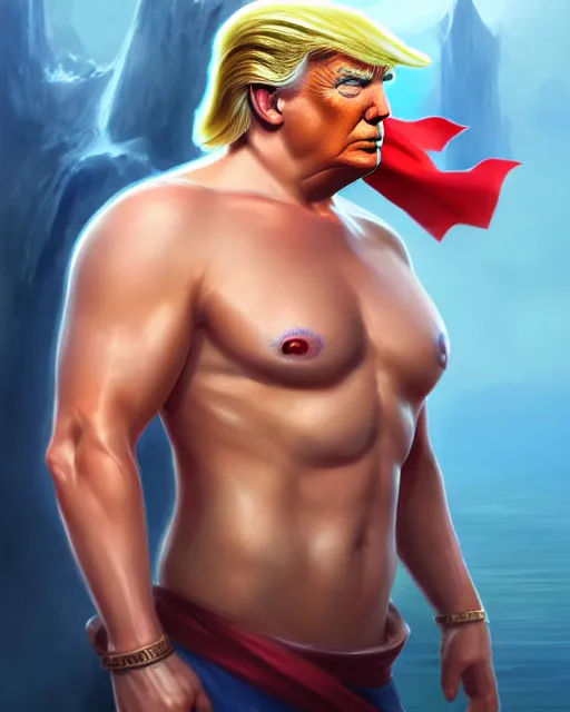 Image similar to character concept art of donald trump as poseidon | cute - fine face, pretty face, realistic shaded perfect face, fine details by stanley artgerm lau, wlop, rossdraws, james jean, andrei riabovitchev, marc simonetti, and sakimichan, tranding on artstation