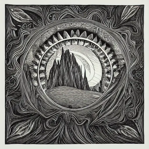 Prompt: symmetrical fantasy landscape, by aaron horkey, b & w