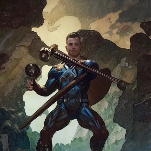 Image similar to Chris Evans wielding mjolnir, highly detailed, digital painting, artstation, concept art, smooth, sharp focus, illustration, ArtStation, art by artgerm and greg rutkowski and alphonse mucha and J. C. Leyendecker and Edmund Blair Leighton and Katsuhiro Otomo and Geof Darrow and Phil hale and Ashley wood and Ilya repin and Charlie Bowater